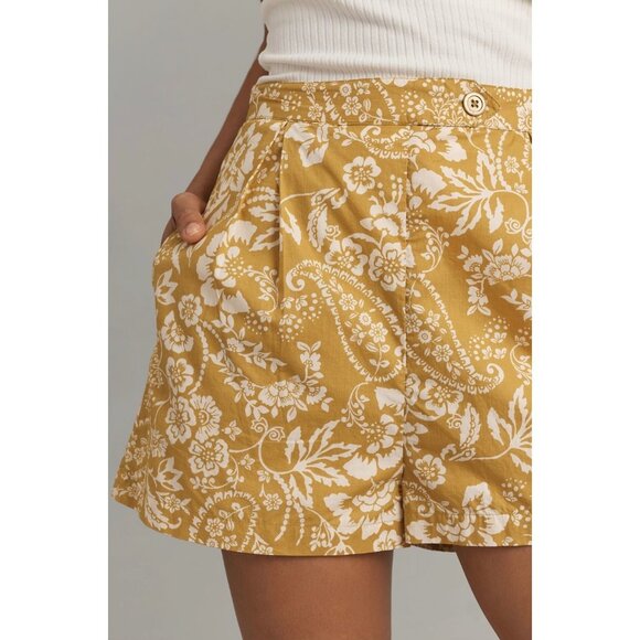 Maeve Anthropologie Womens Pleated Poplin Shorts Size 6 Chartreuse Floral - Picture 3 of 9